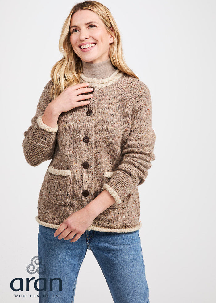 Ladies Raglan Donegal Tweed Cardigan - Oat