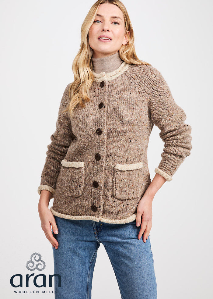Ladies Raglan Donegal Tweed Cardigan - Oat