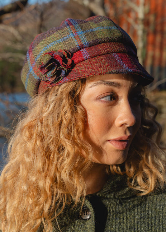 Ladies Tweed Rosette Hat | Blue Green & Orange Plaid