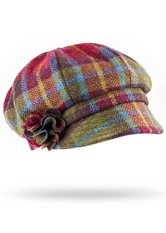 Ladies Tweed Rosette Hat | Blue Green & Orange Plaid