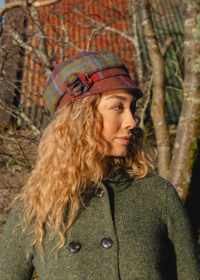 Ladies Tweed Rosette Hat | Blue Green & Orange Plaid