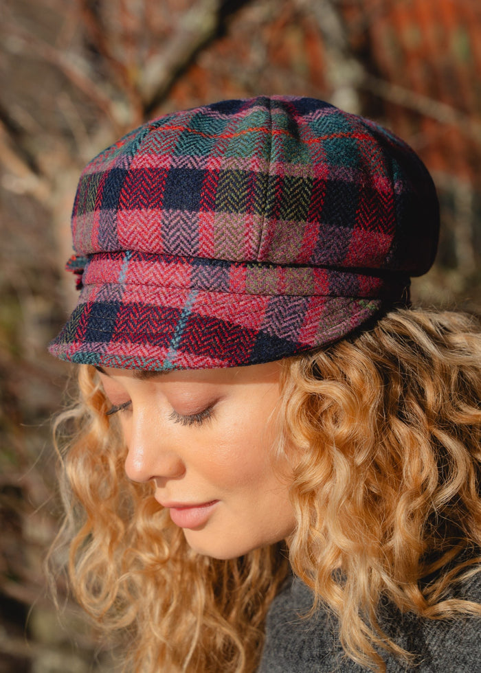 Ladies Tweed Rosette Hat | Rose Pink & Navy Plaid