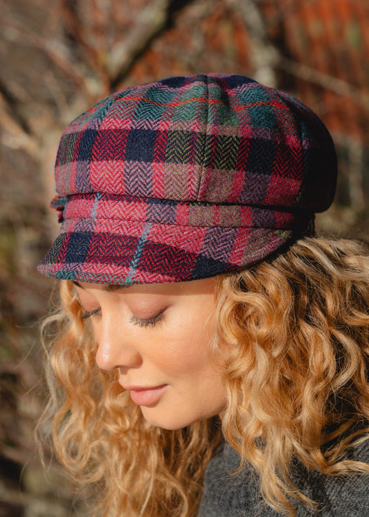 Ladies Tweed Rosette Hat | Rose Pink & Navy Plaid
