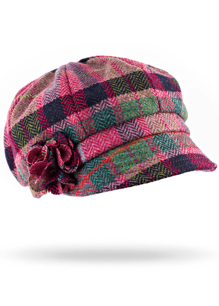 Ladies Tweed Rosette Hat | Rose Pink & Navy Plaid