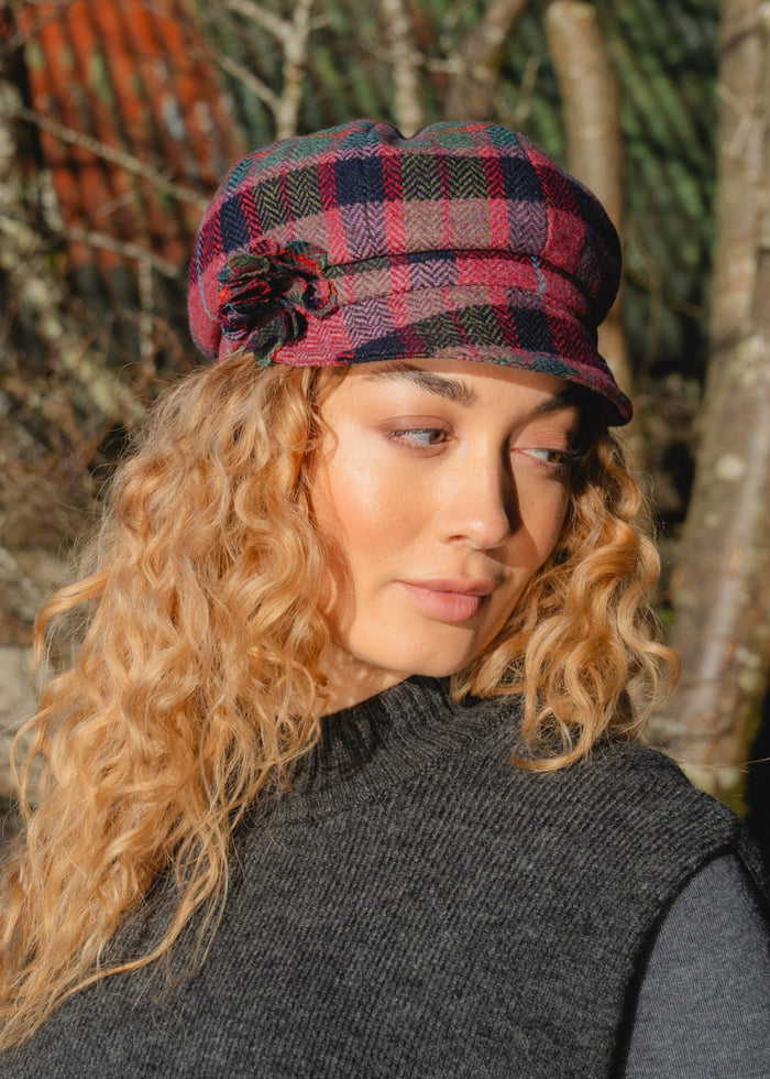 Ladies Tweed Rosette Hat | Rose Pink & Navy Plaid