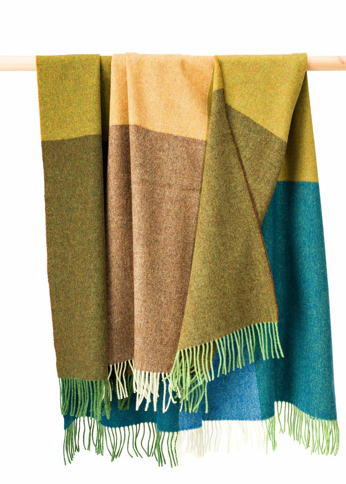 Lambswool Throw Blue Green Mustard Tan Large Blocks
