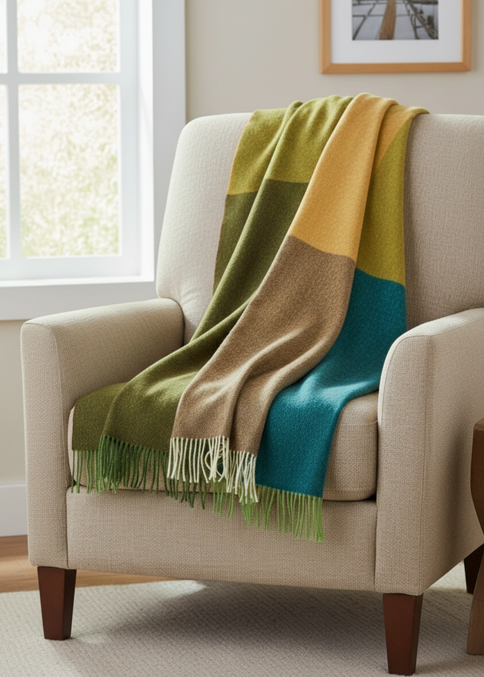 Lambswool Throw Blue Green Mustard Tan Large Blocks