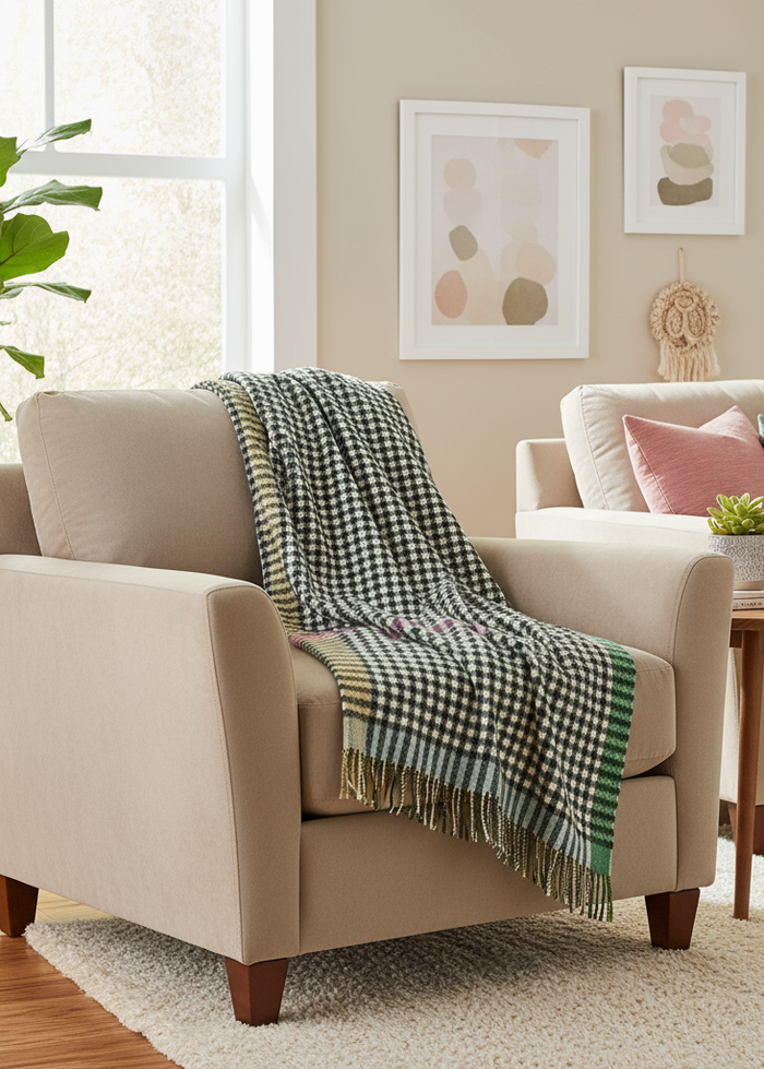 Lambswool Throw Cream Green Blue Small Block