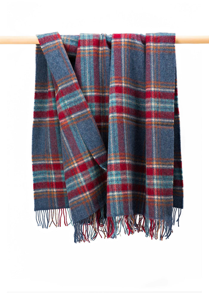 Large Irish Picnic Blanket | Denim Blue Rust Red Plaid
