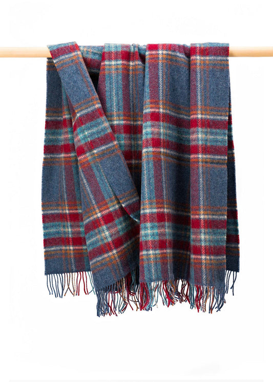 Large Irish Picnic Blanket | Denim Blue Rust Red Plaid