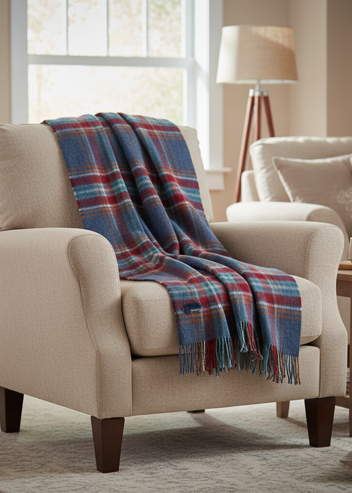 Large Irish Picnic Blanket | Denim Blue Rust Red Plaid