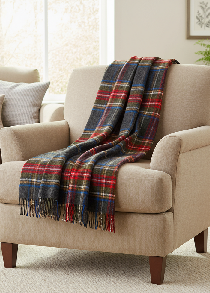 Large Irish Picnic Blanket | Grey Red Stewart