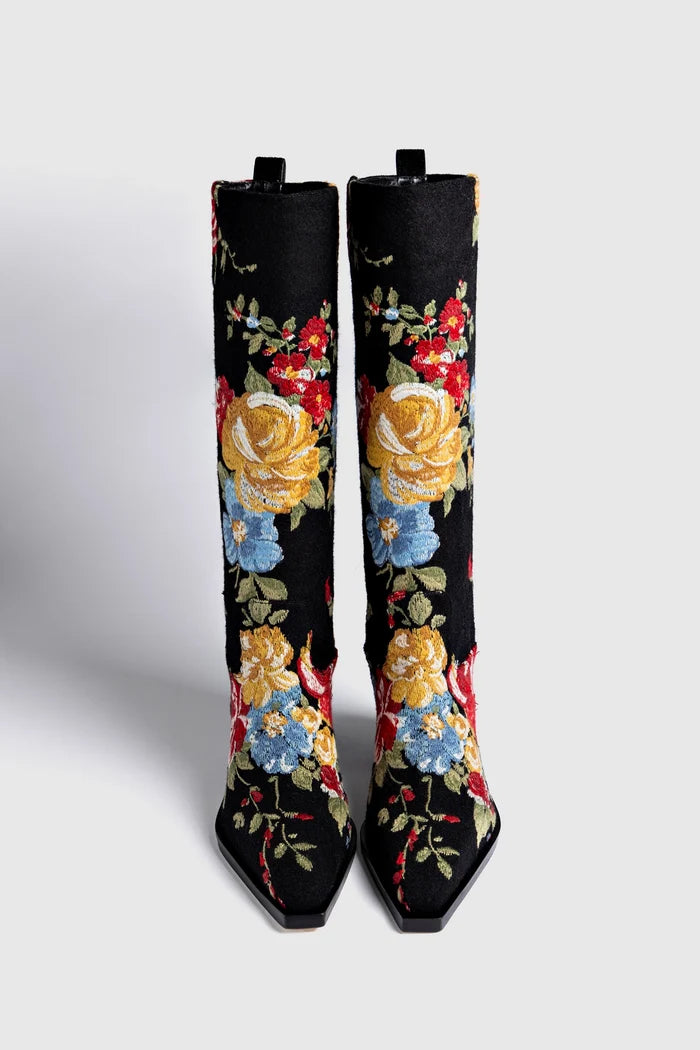 Larroudé x Markarian Florencia Boot In Floral Embroidery Black Fabric Boot Larroudé x Markarian
