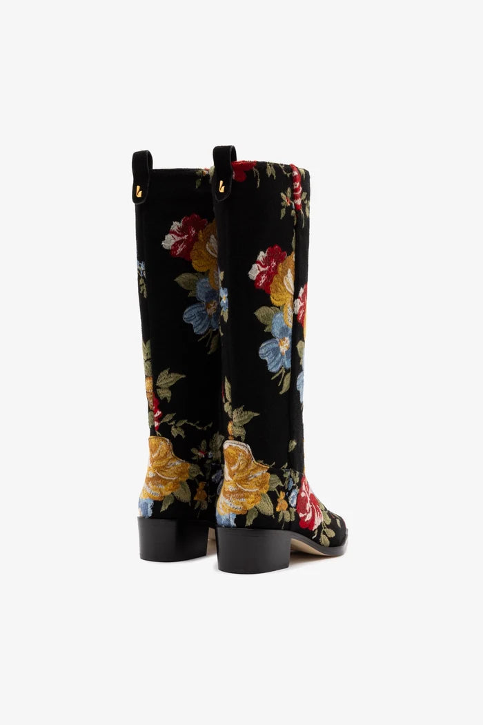 Larroudé x Markarian Florencia Boot In Floral Embroidery Black Fabric Boot Larroudé x Markarian