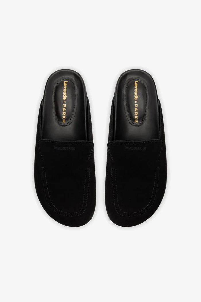 Larroudé x Parke Clog In Black Suede Mule Larroudé x Parke