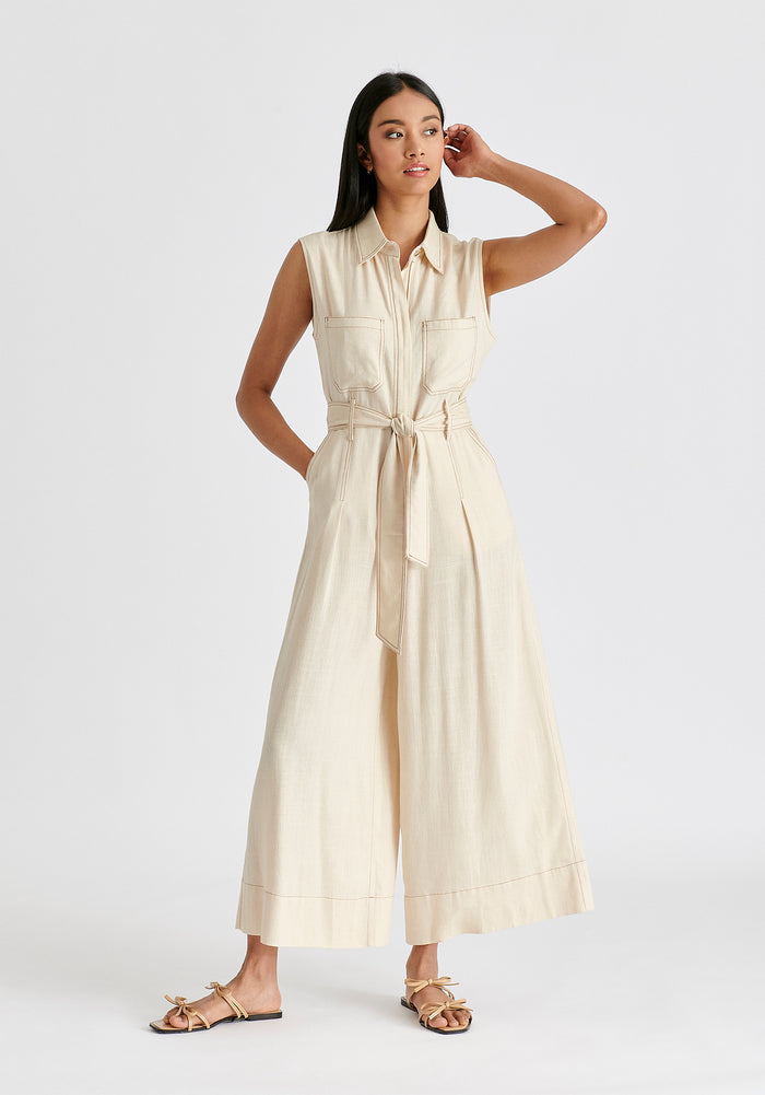 Linen Blend Jumpsuit with Stitch Details in Oatmeal Front