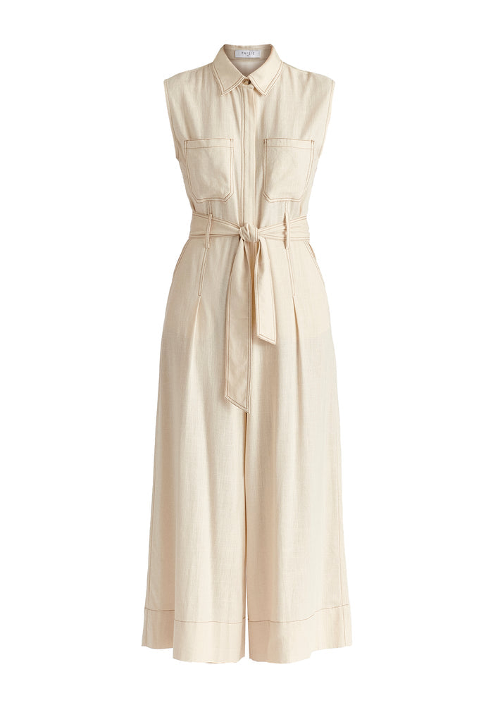 Linen Blend Jumpsuit with Stitch Details in Oatmeal Cutout