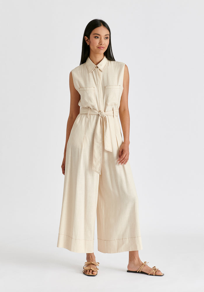 Linen Blend Jumpsuit with Stitch Details in Oatmeal