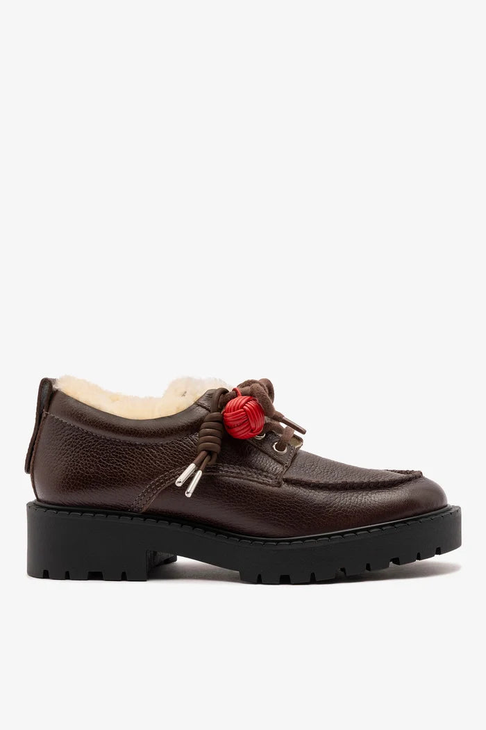 London Shearling Lace Up Loafer Brown Leather Loafer Larroudé