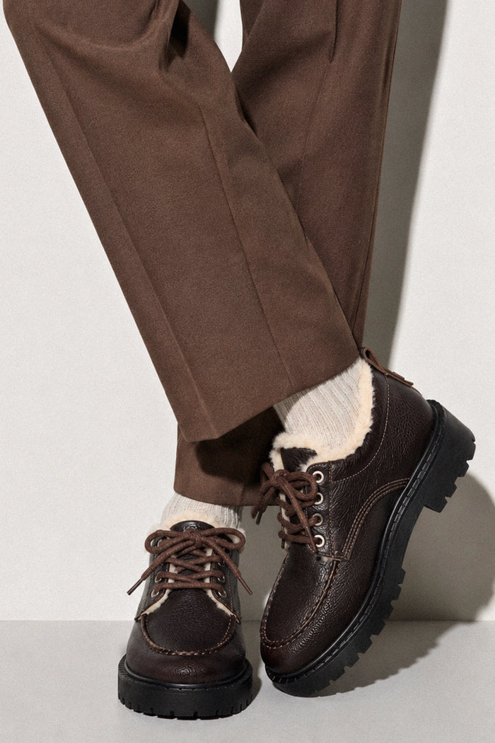London Shearling Lace Up Loafer Brown Leather Loafer Larroudé