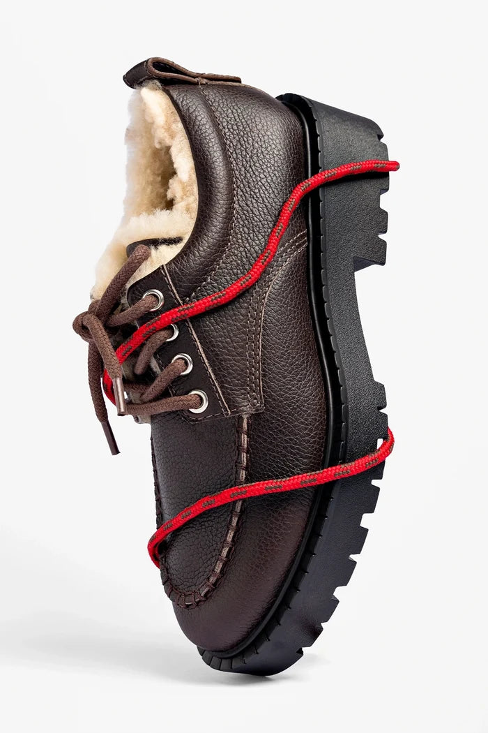 London Shearling Lace Up Loafer Brown Leather Loafer Larroudé