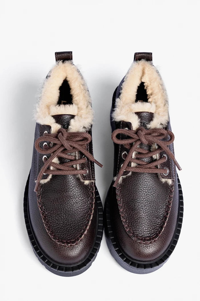 London Shearling Lace Up Loafer Brown Leather Loafer Larroudé