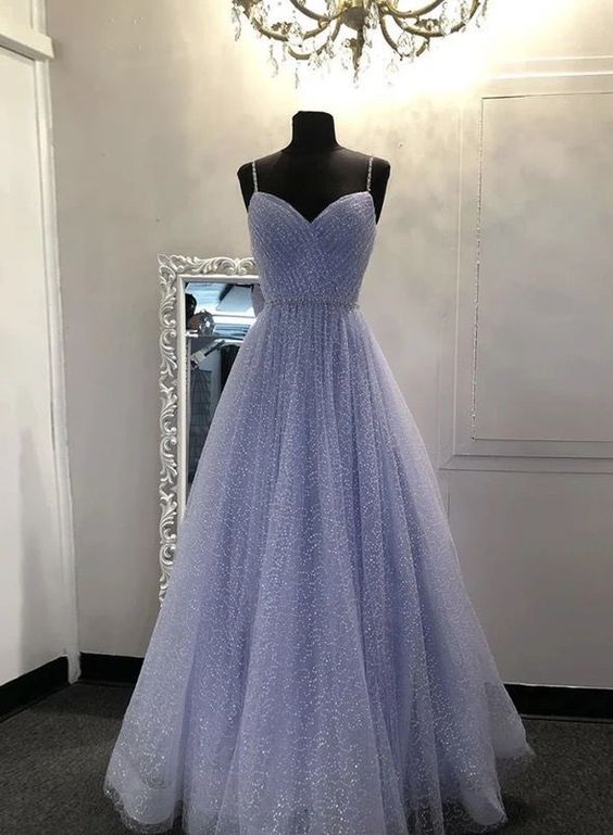 Long Prom Dress 2023 Lavender A-line Sweetheart Neck Spaghetti Straps Tulle Puffy Sequined