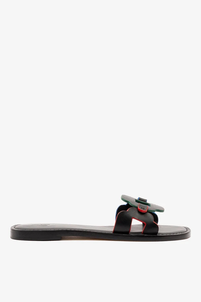 Margherita Slide In Black Leather Flat - Sandal Larroudé