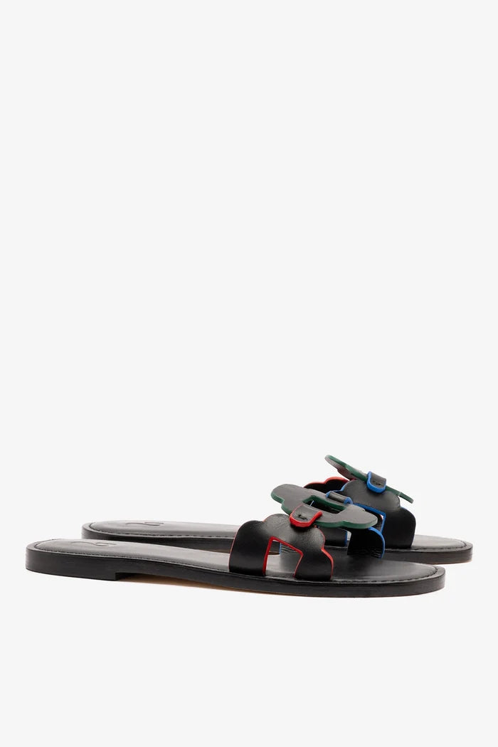 Margherita Slide In Black Leather Flat - Sandal Larroudé