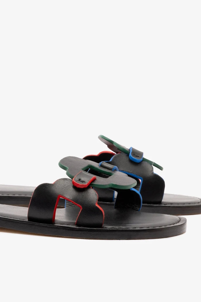 Margherita Slide In Black Leather Flat - Sandal Larroudé