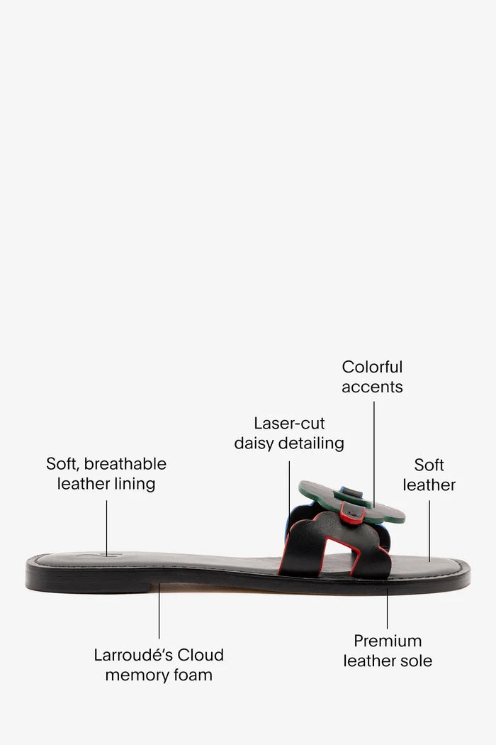 Margherita Slide In Black Leather Flat - Sandal Larroudé
