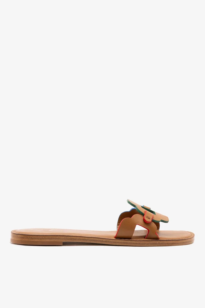 Margherita Slide In Caramel Leather Flat - Sandal Larroudé