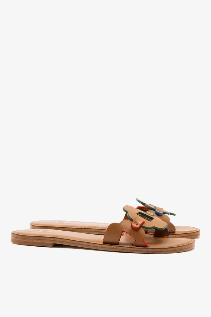 Margherita Slide In Caramel Leather Flat - Sandal Larroudé