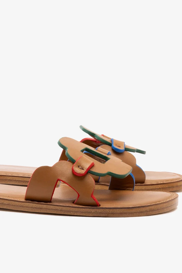 Margherita Slide In Caramel Leather Flat - Sandal Larroudé