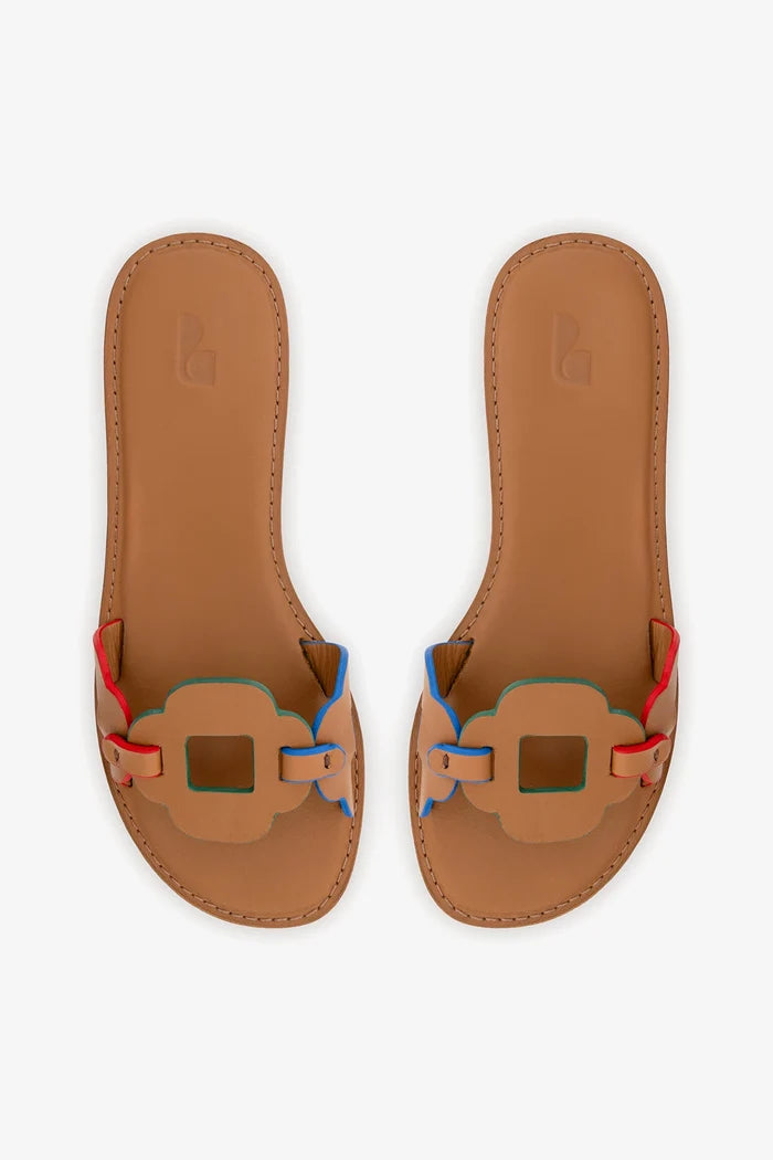 Margherita Slide In Caramel Leather Flat - Sandal Larroudé