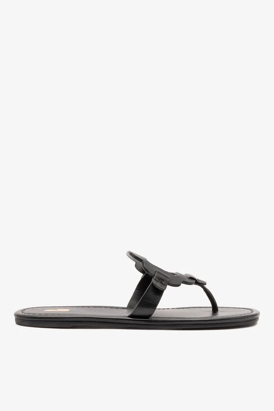 Margherita Thong Sandal In Black Leather Flat - Sandal Larroudé