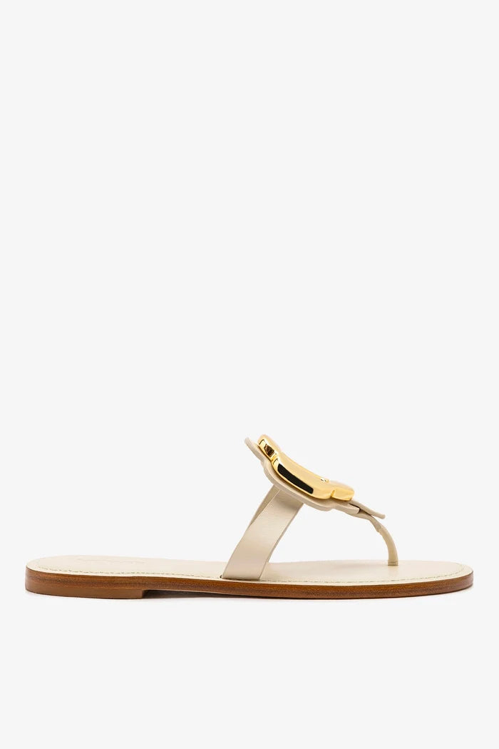 Margherita Thong Sandal in Ivory Leather and Gold Hardware Flat - Sandal Larroudé