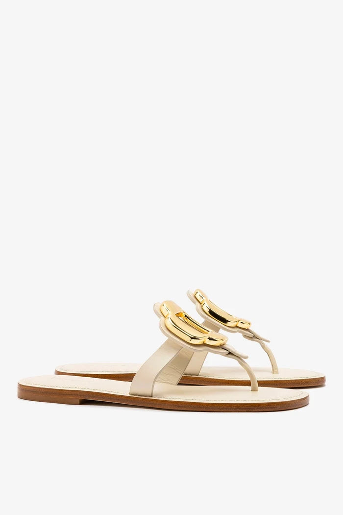 Margherita Thong Sandal in Ivory Leather and Gold Hardware Flat - Sandal Larroudé