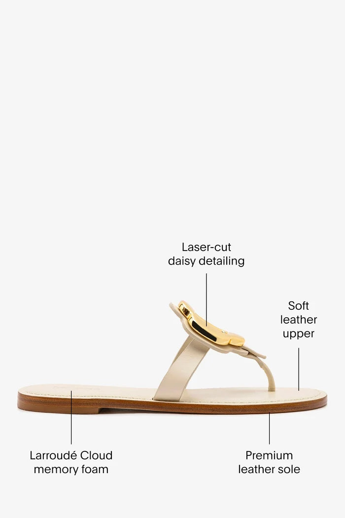 Margherita Thong Sandal in Ivory Leather and Gold Hardware Flat - Sandal Larroudé