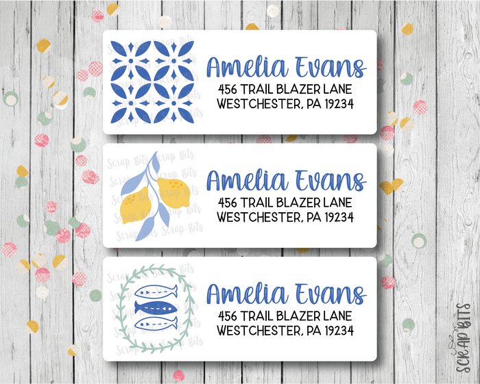 Mediterranean Coastal Return Address Labels, Tiles, Lemons, Fish - Scrap Bits