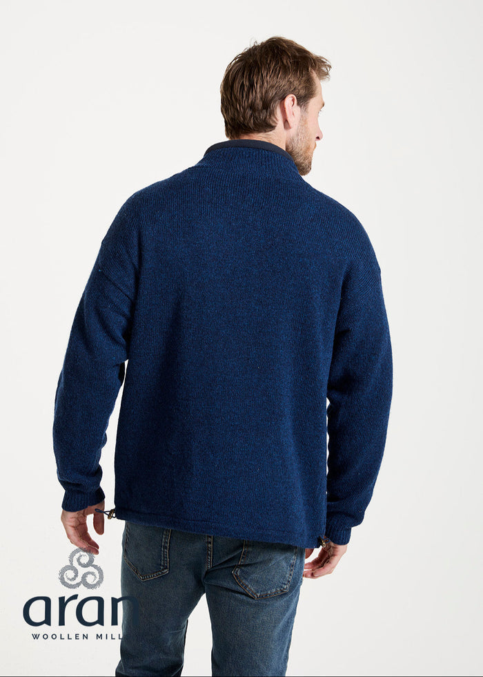 Men's Lined Wool Aran Cardigan - Blue Cable Knit Zip Sweater