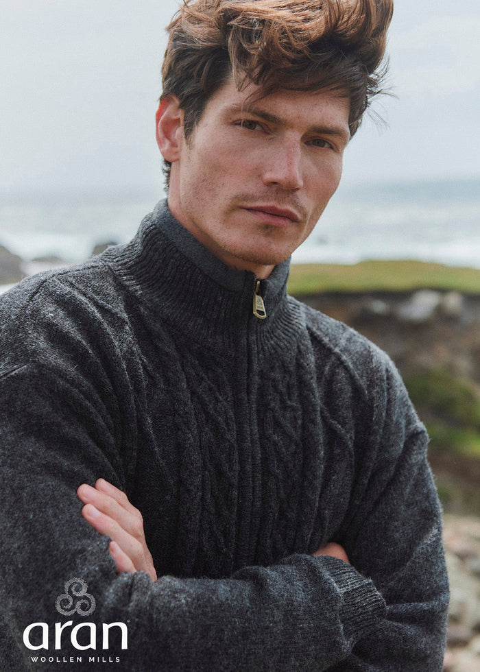 Men's Lined Wool Aran Cardigan | Charcoal