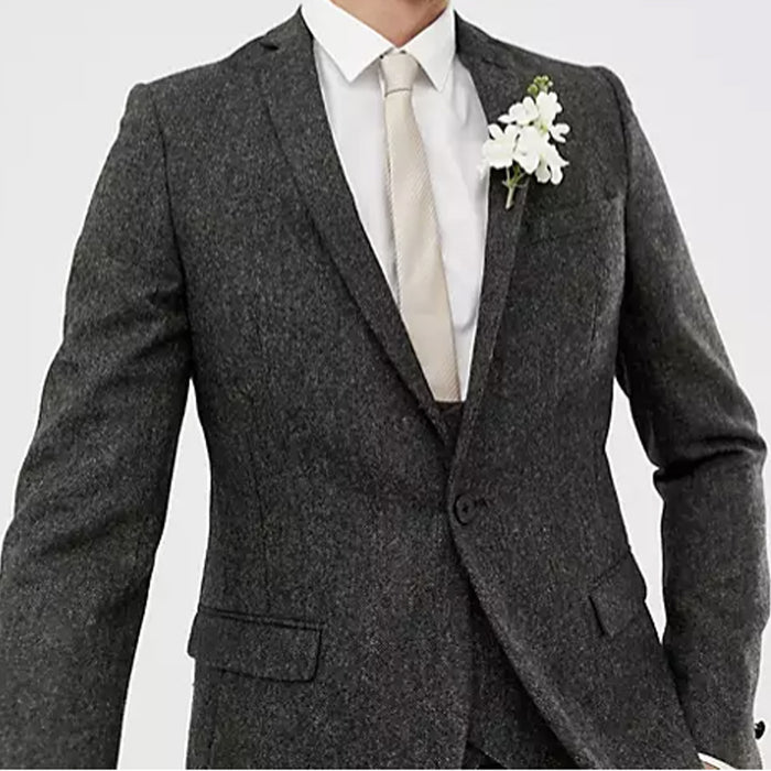 Men's Suit Tweed Jacket With Vest Pants Herringbone Slim Fit Wedding Tuxedos
