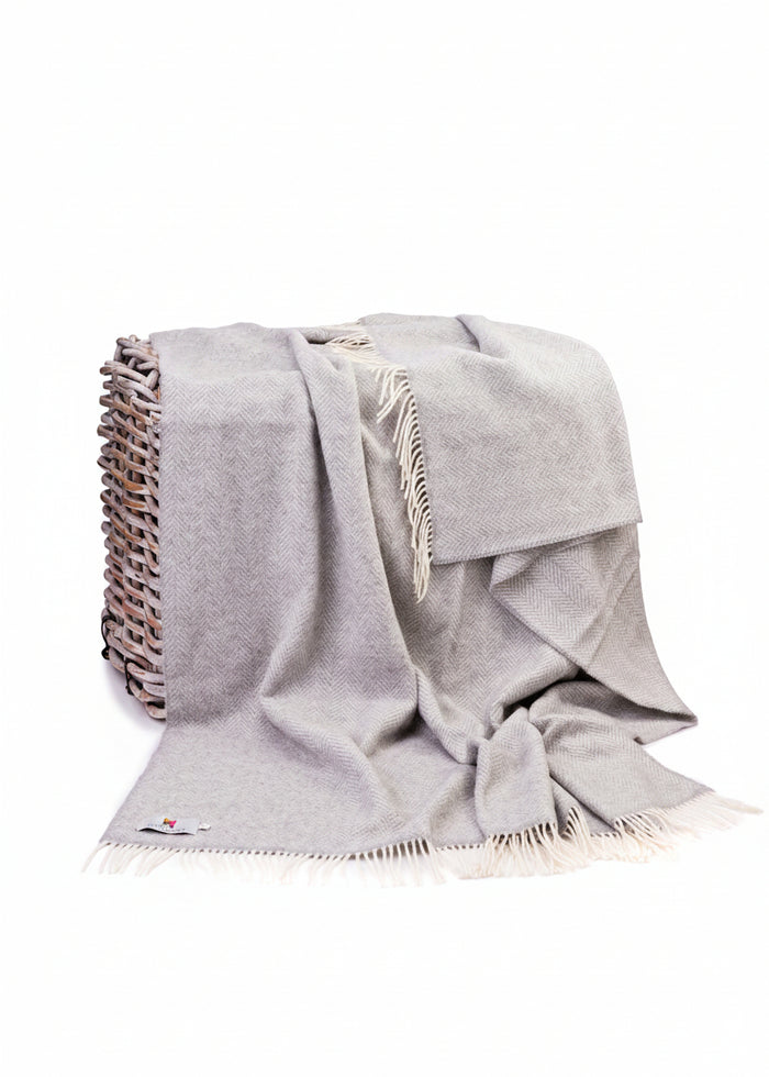Merino Wool Cashmere Throw Pale Grey & Cream Herringbone