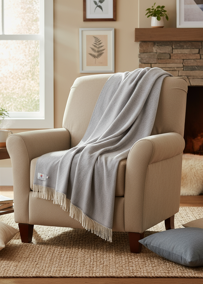 Merino Wool Cashmere Throw Pale Grey & Cream Herringbone