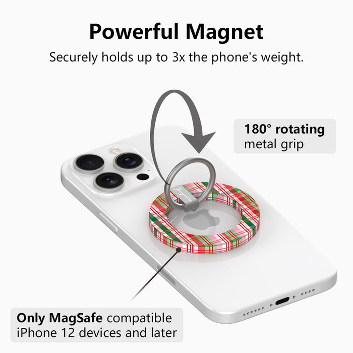 Merry Little Plaid MagSafe grip ring with 180 degree rotating silver ring, holds up to 3x the phone's weight, for MagSafe iPhone 12 and later