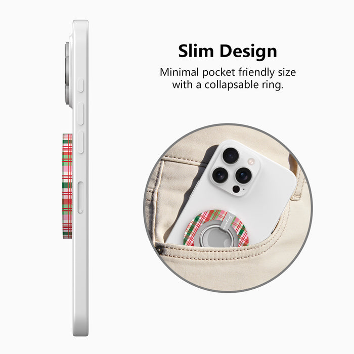 Side view of the slim Merry Little Plaid grip ring with collapsible ring, and a phone with the plaid grip sliding into a jeans pocket