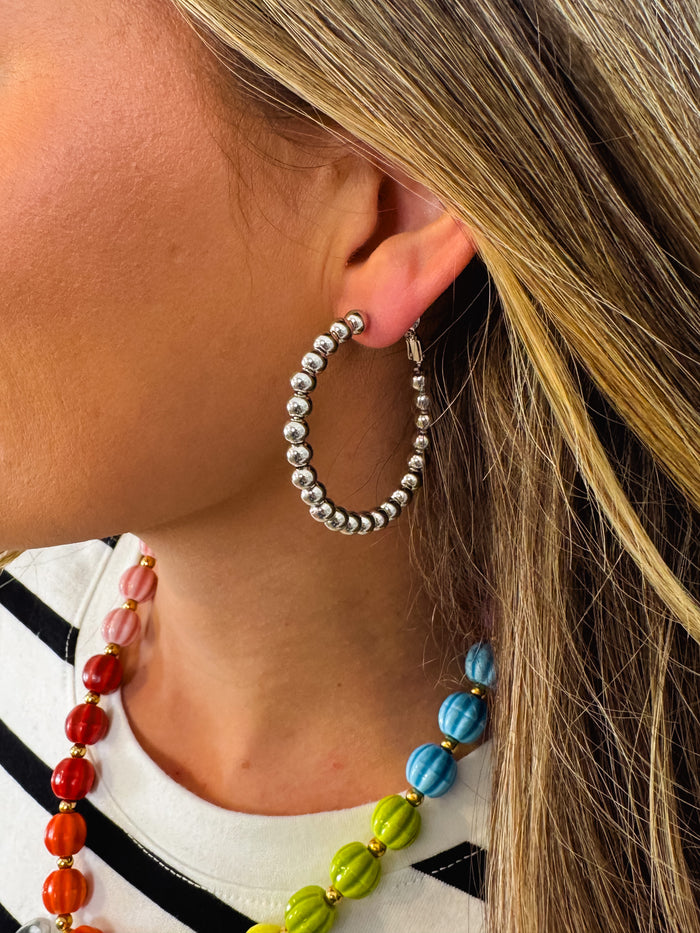 Metal Tone Beaded Hoop Earrings