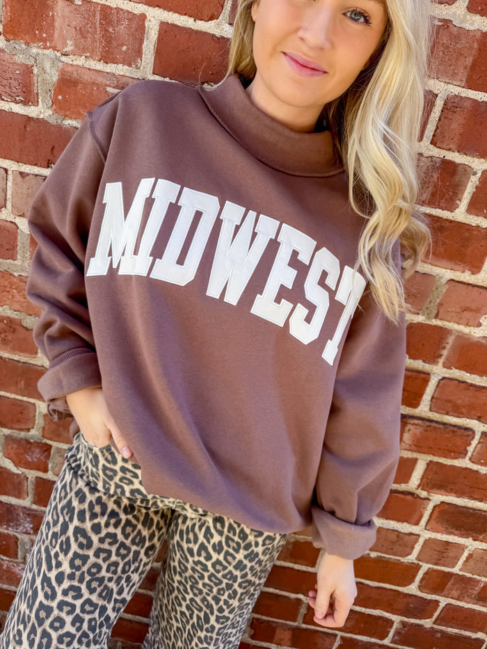 Bucketlist Midwest Embroidered Mock Neck- Brown – women's sweatshirt