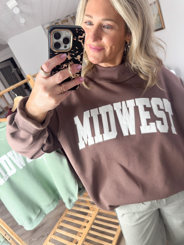 Bucketlist Midwest Embroidered Mock Neck- Brown – women's sweatshirt